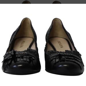 Prada Classic Black Leather Fringe Block Heel size IT 40.5